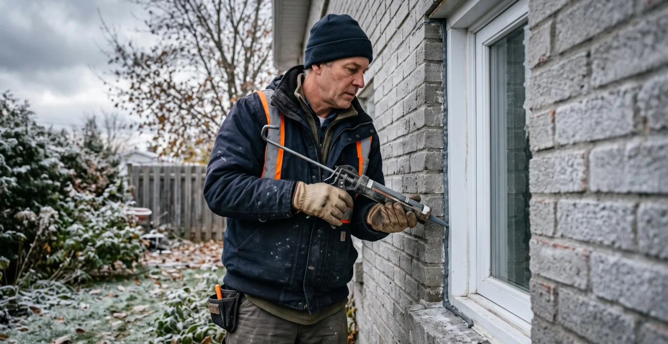 Un calfeutreur applique un scellant au pistolet sur le joint extérieur d'une fenêtre de maison à Québec en automne.
