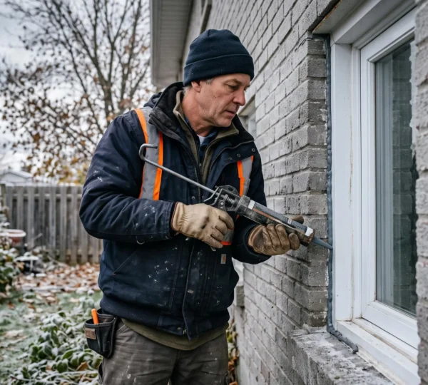 Un calfeutreur applique un scellant au pistolet sur le joint extérieur d'une fenêtre de maison à Québec en automne.
