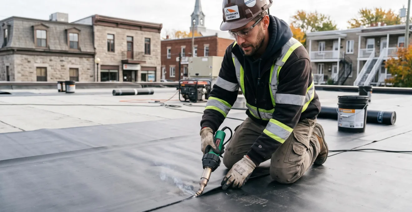Couvreur professionnel réalisant la soudure à l'air chaud des joints de membrane élastomère sur un toit plat au Québec