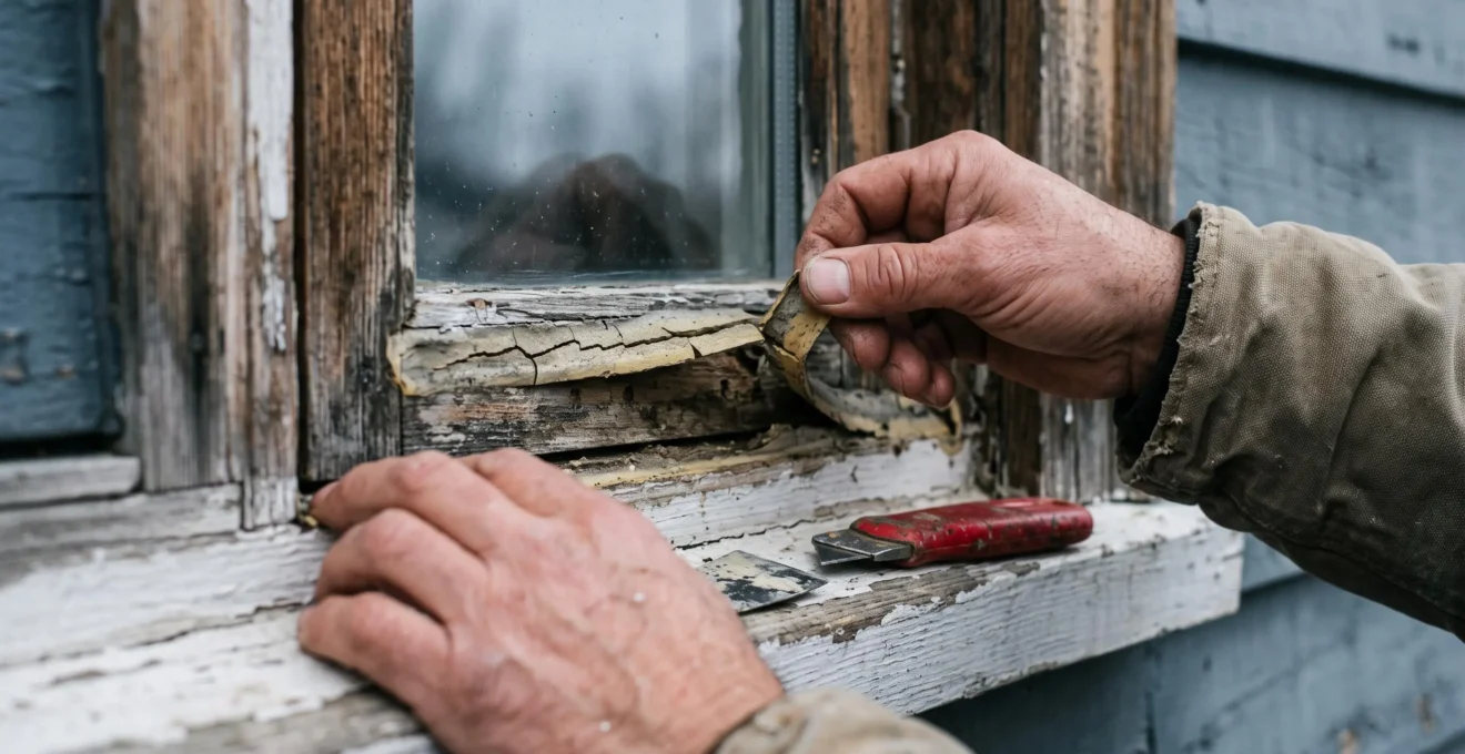 Des mains inspectent un joint de calfeutrage fissuré et décollé sur le cadre d'une fenêtre en bois.