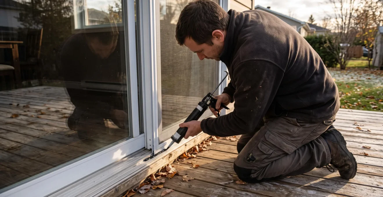 Un ouvrier agenouillé applique du scellant au pistolet sur le joint inférieur d'une porte-patio coulissante sur une terrasse en bois.