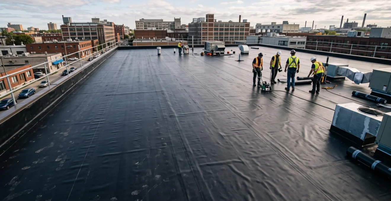 Vue d'ensemble d'un toit plat commercial au Québec avec membrane élastomère noire installée montrant les joints soudés